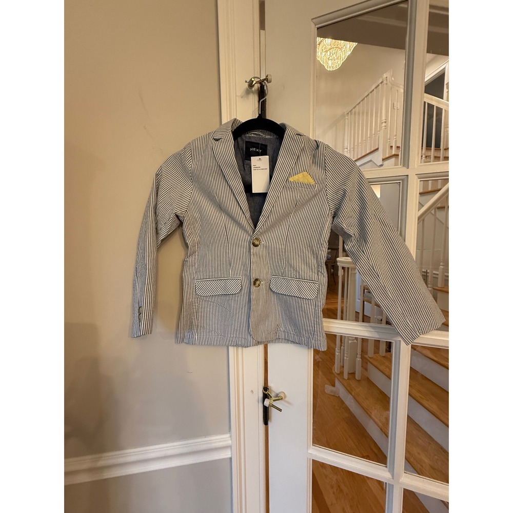Next Boys Blue White Seersucker Stripe Blazer Jacket Pocket Square Size 6-7 Yrs